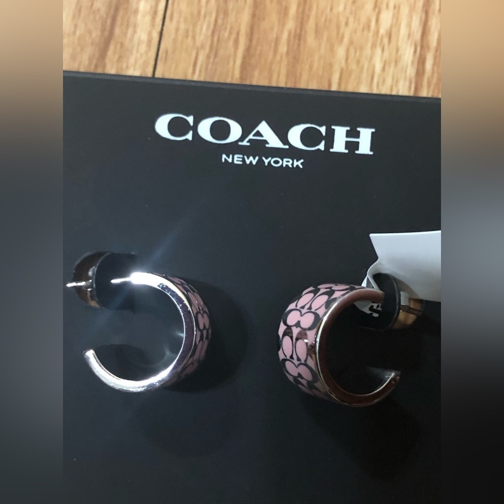 Coach silver plated pink monogram half moon stud earrings‎ NEW